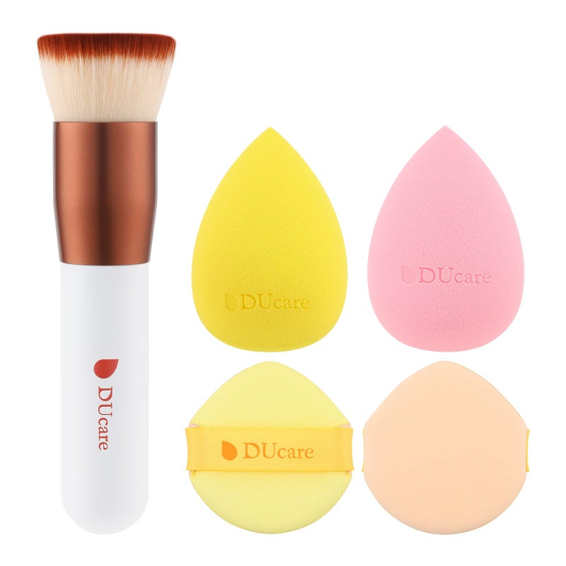 DUcare Foundation Brush with Christmas Sponges Puff Flat Top Kabuki Brush for Liquid Blending Mineral Powder Buffing Stippling - Image 1