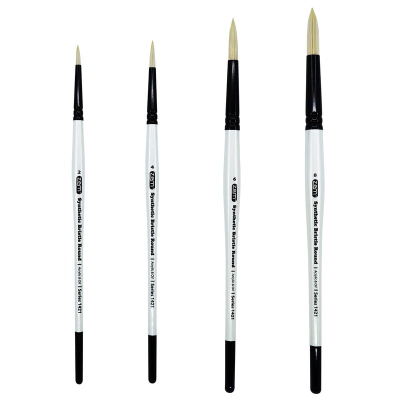 ZEM Brush White Hog Bristle Synthetic Rounds Artist Brush Set 4 pcs  Acrylic and Oil