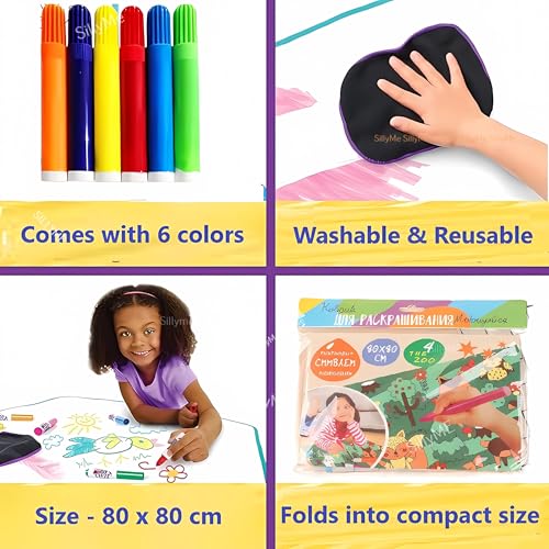 Sillyme 3pcs Water Drawing Mat for Kids, 80 x 80 cm, Reusable Colouring Mat, Washable Painting Mat with 6 Sketch Pens, Gift Toy for Ages 2-6 Years - Image 2