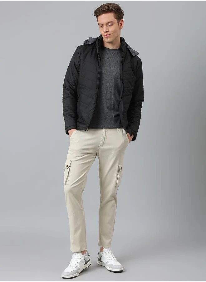 دينيس لينغو Black Regular Fit Men's Hooded Solid Polyester Jacket with Zipper Closure