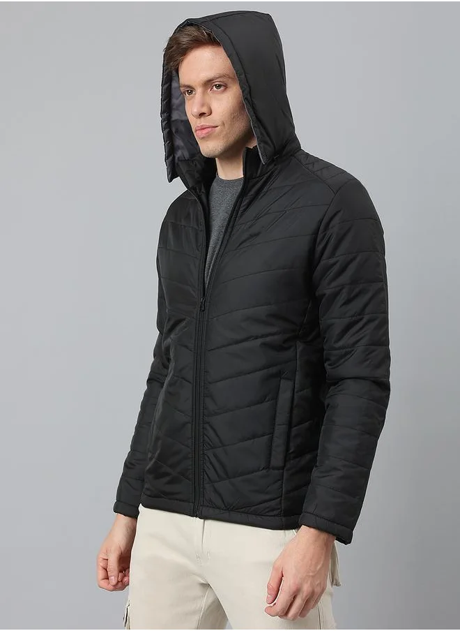 دينيس لينغو Black Regular Fit Men's Hooded Solid Polyester Jacket with Zipper Closure