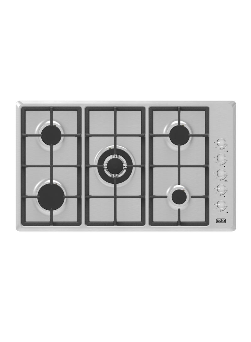Usto Built-in Hob, 90 cm, 5 Gas Burners, Full Safety, SABAF, Side Control, Steel - ASH 9501 CGRIM