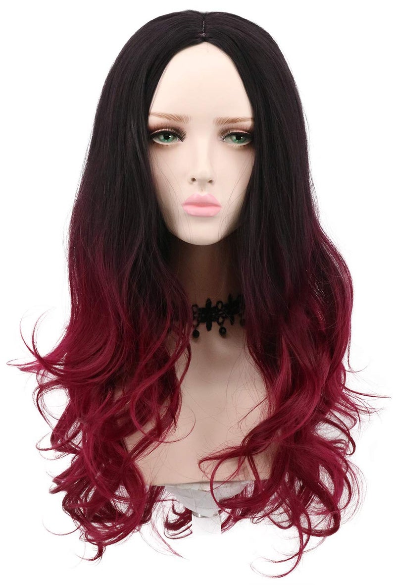 yuehong Long Wavy Two Tone Ombre Black Dark Red Women Wig Anime Cosplay Costume Wigs