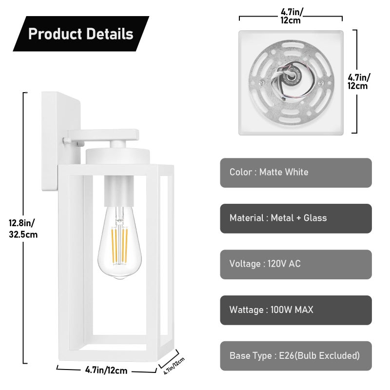 BesLowe Outdoor Wall Light Fixtures, Exterior Waterproof Wall Lanterns, Porch Sconces Lighting with E26 Sockets, Modern White Outside Lights for House Patio Front Door Entryway, 2-Pack - Image 5