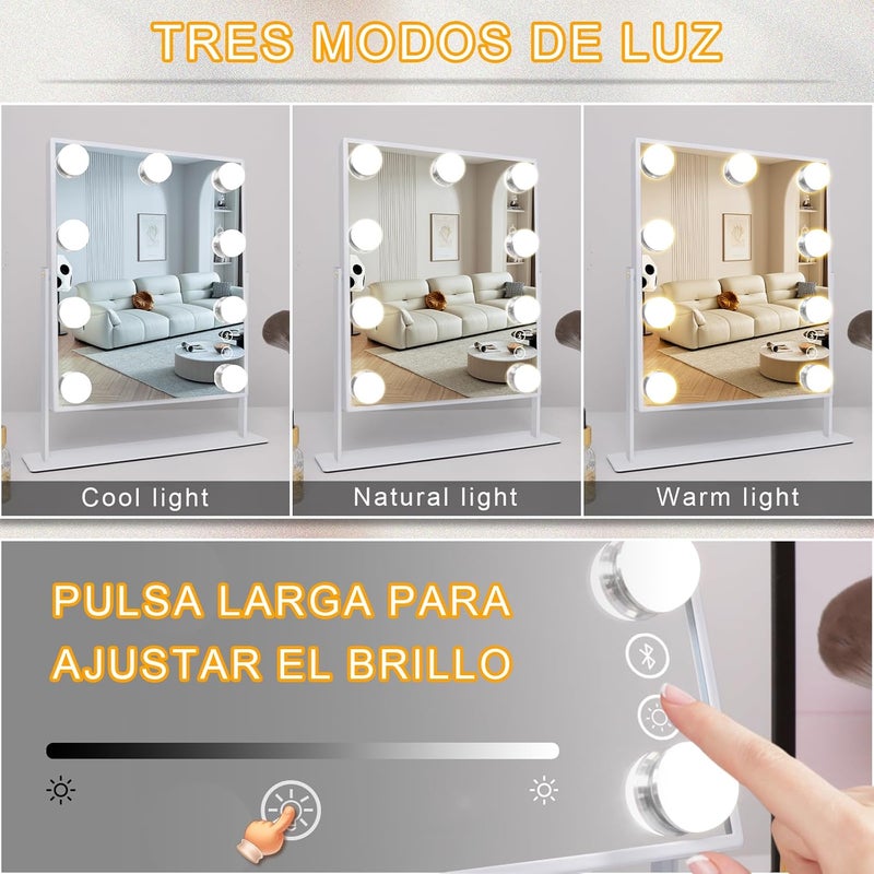 FENCHILIN Vanity Mirror with Lights 9 Dimmable Bulbs Makeup Mirror with Smart Touch Control for Glam Room Bedroom Detachable 10X Magnification Rotation Tabletop White - Image 4