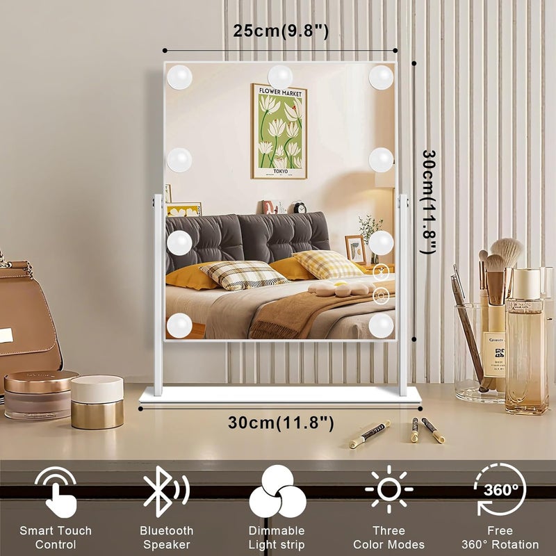 FENCHILIN Vanity Mirror with Lights 9 Dimmable Bulbs Makeup Mirror with Smart Touch Control for Glam Room Bedroom Detachable 10X Magnification Rotation Tabletop White - Image 2