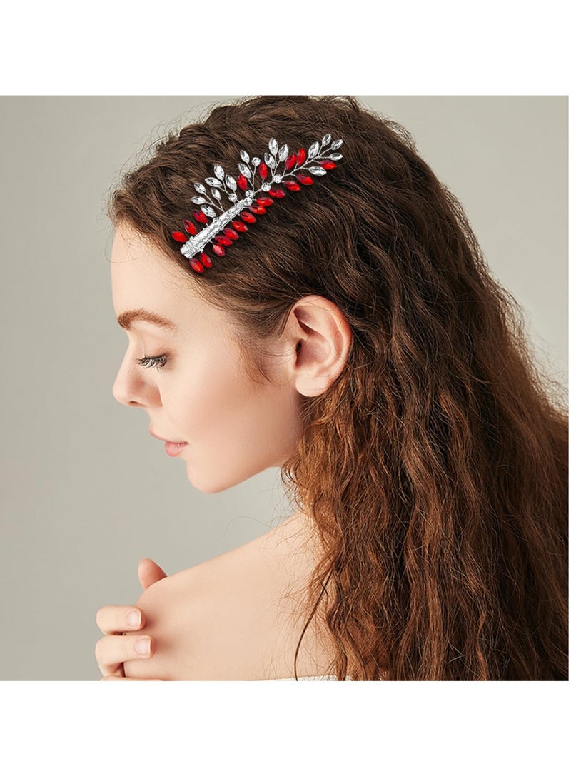Excefore 2 Pack Bridal Crystal Hair Clips, Rhinestone Leaf Hair Pins, Red Wedding Accessories, Suitable for Women Girls Party Prom - Image 2