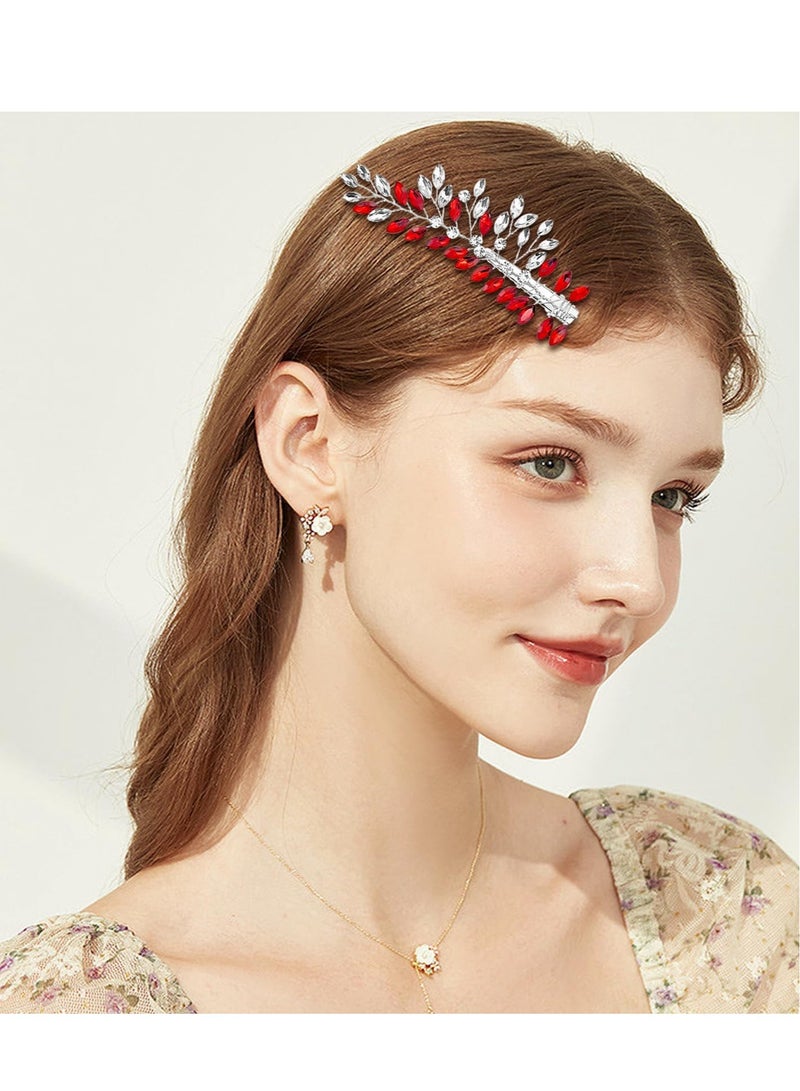Excefore 2 Pack Bridal Crystal Hair Clips, Rhinestone Leaf Hair Pins, Red Wedding Accessories, Suitable for Women Girls Party Prom - Image 3
