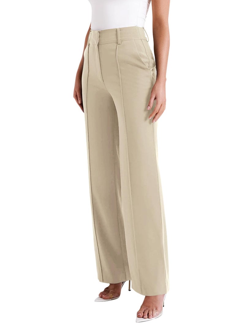 NIMIN Trousers Pants for Women Wide Leg Dressy Work Pants High Waisted Business Casual Outfits 2025 Summer Fashion Office Formal Slacks with Pockets Apricot - Image 3