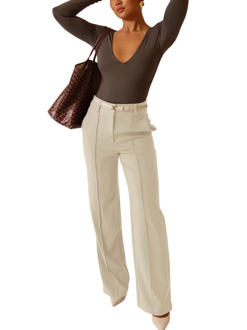 NIMIN Trousers Pants for Women Wide Leg Dressy Work Pants High Waisted Business Casual Outfits 2025 Summer Fashion Office Formal Slacks with Pockets Apricot - Image 4