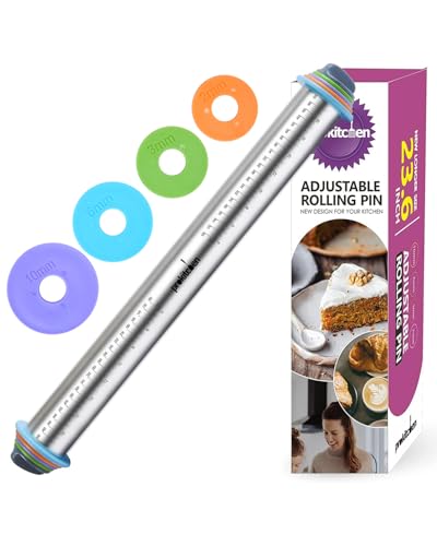 PROKITCHEN Adjustable Rolling Pin with Thickness Rings for Baking Adjustable Stainless Steel Designs Dough Roller Pins for Cookie Decorating  Dough Pizza Pie Adjustable Long Rolling Pin 236 Inch
