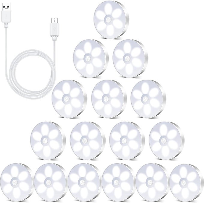 16 PCS LED RECHARGEABLE MOTION SENSOR LIGHTS POWERED USB SMART STAIR CLOSET NIGHT LIGHTS FOR INDOOR