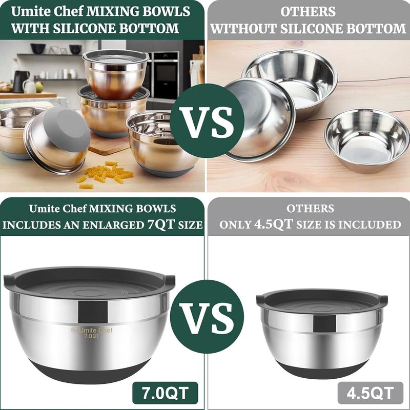Umite Chef Mixing Bowls with Airtight Lids，6 piece Stainless Steel Metal Nesting Storage Bowls by, Non-Slip Bottoms Size 7, 3.5, 2.5, 2.0,1.5, 1QT, Great for Mixing & Serving(Grey) - Image 3