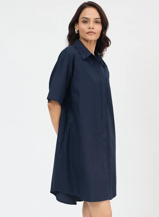 Femmella Navy Blue Cotton Mini Shirt Dress