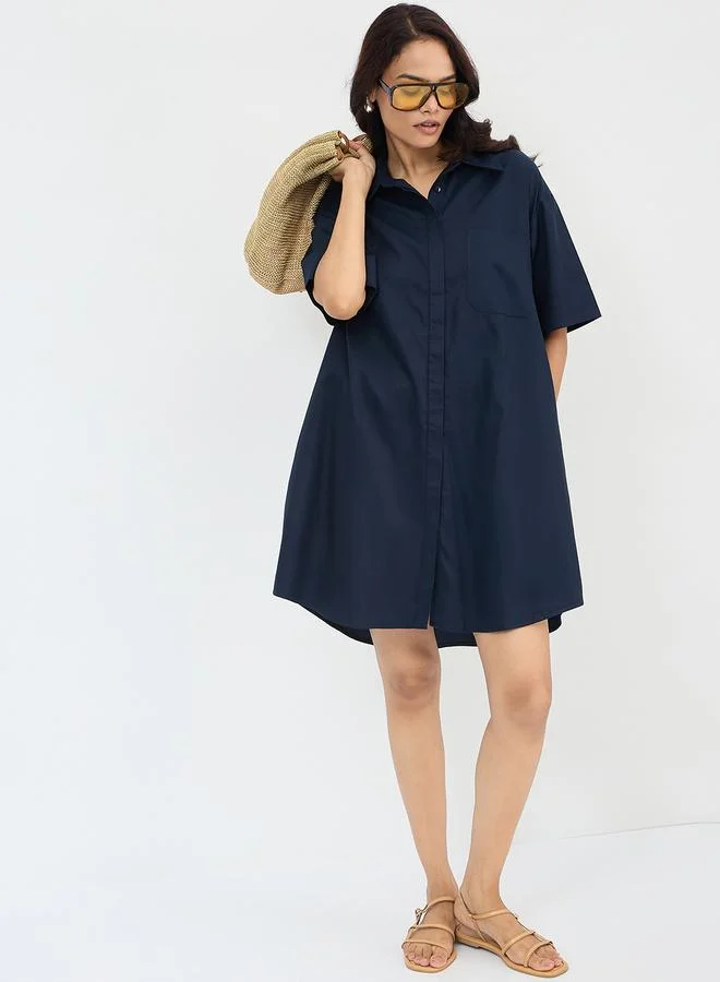 Femmella  Navy Blue Cotton Mini Shirt Dress for Women | Best Price UAE