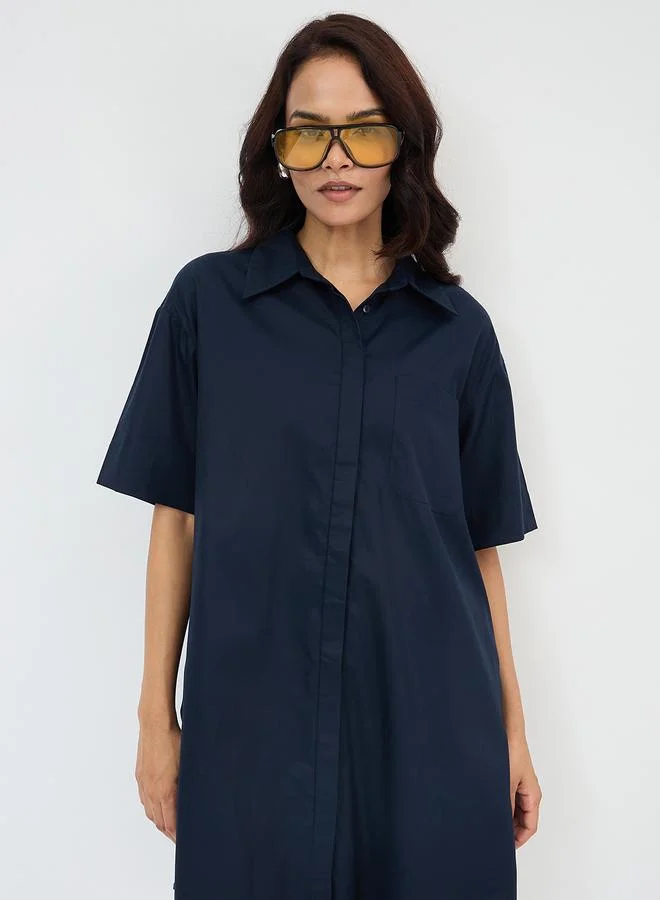 Femmella  Navy Blue Cotton Mini Shirt Dress for Women | Best Price UAE