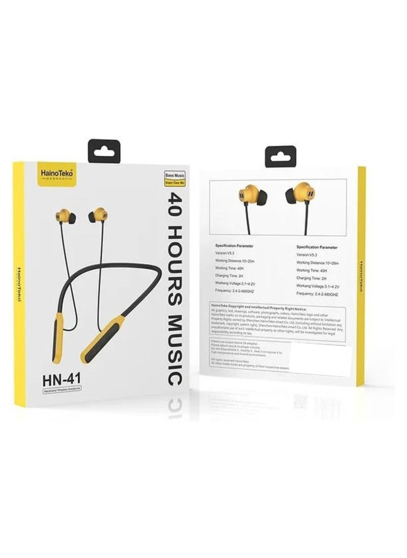 Haino Teko HN 41 Neckband Wireless Bluetooth Earphone with Super Clear Mic | 40 Hours Playtime, Sweatproof, Magnetic Design, Comfortable Fit | Black and Yellow - Image 2
