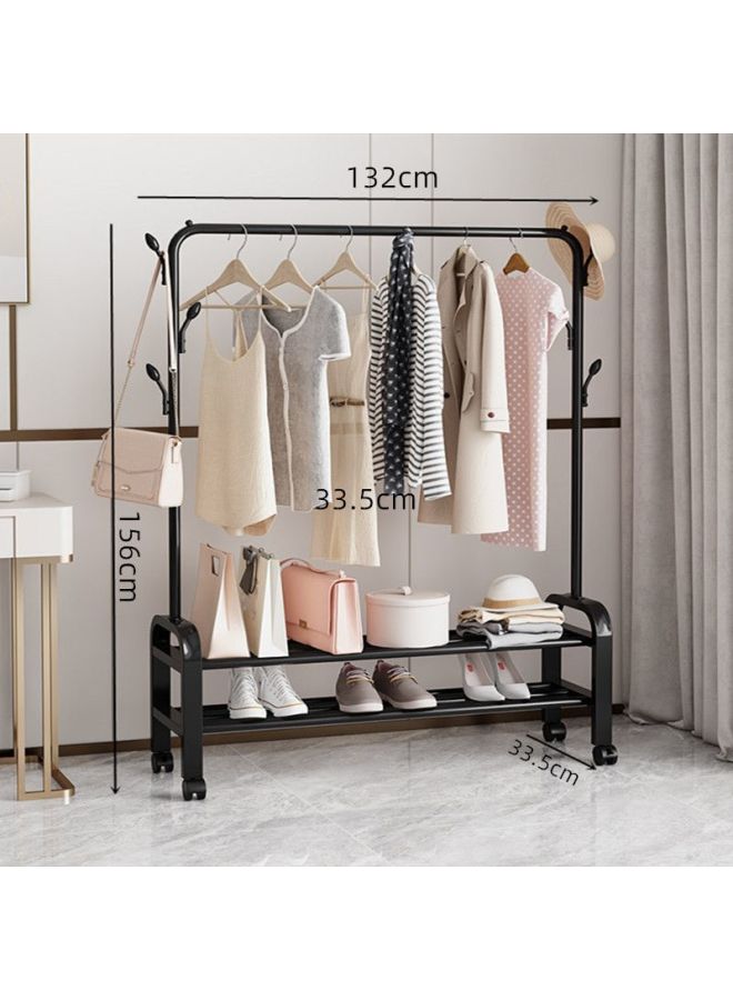 Bold Hanger Floor Drying Rack Household Indoor Folding Vertical Clothes Shelf Simple Wardrobe Storage-Color:Black  Double Layer Arch 1.3m + Coat Hook  - Image 1