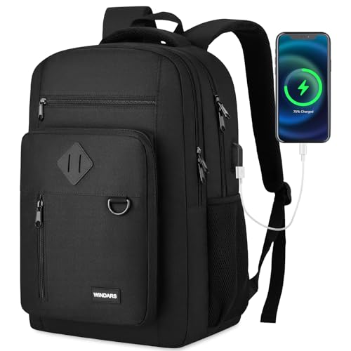 WINDARS Backpack for Men and Women, Casual School Backpack Teen Boys and Girls Lightweight 15.6 Inch Laptop Bookbag with USB Charger for College Work Travel (Black) - Image 1
