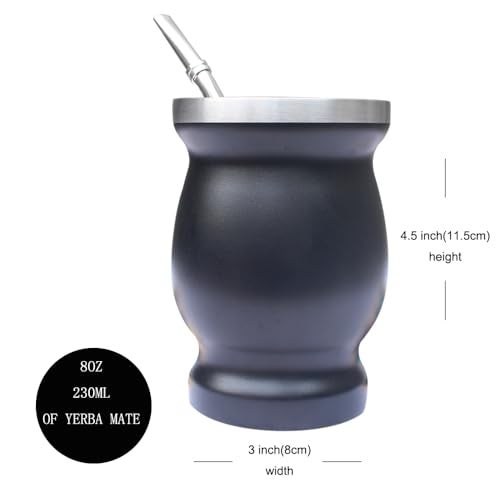 Beruth Bombilla Yerba Mate Gourd, 8oz Stainless Steel Tea Cup Set with a Multifunctional Lid, Two Straws and Cleaning Brushes, Double Walled Coffee Mug Heat Insulation Anti Scalding BR2302 (Black) - Image 4