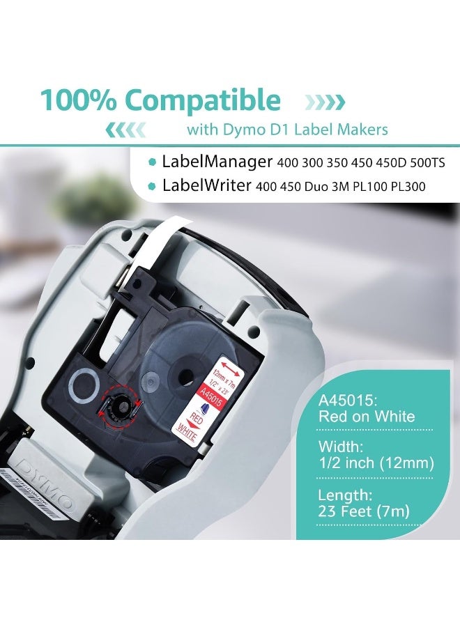 Royal Apex شريط ملصقات متوافق باللونين الأحمر والأبيض لآلة DYMO D1 53713 45805 – 12 مم × 7 م بديل لملصق مدير LM160، 280، 260P، 210D (عبوة من 1) - Image 3