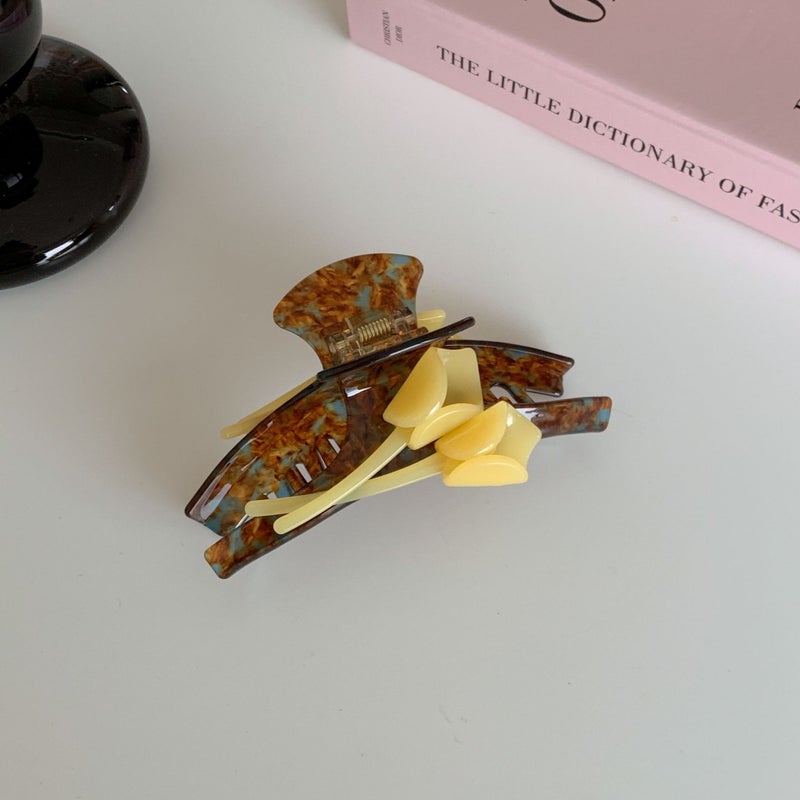 Generic Niche Double-sided Lotus Root Vinegar Hair Clip Shark Clip Handmade Label 3D Double-sided Flower Hair Claw 3735-2-coffee blue Calla Lily acetate grip 