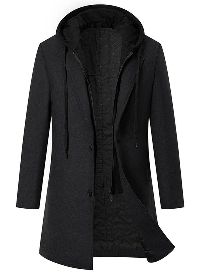 Loquat Men's Wool Blend Detachable Hooded Coat Thick Windbreaker Trench Soft Warm Coat Black 