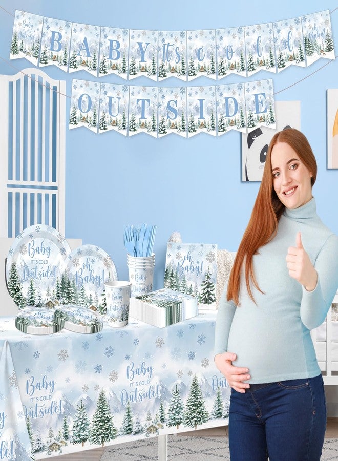 Dydamud Winter Baby Shower Decorations, 142pcs Baby It' s Cold Outside Party Supplies Included Woodland Plates Napkins Tablecloth Banner, Blue Christmas Baby Shower Decorations for Boy - Image 3
