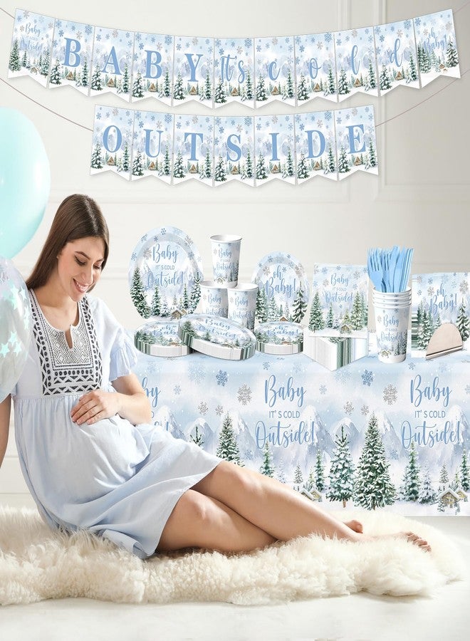 Dydamud Winter Baby Shower Decorations, 142pcs Baby It' s Cold Outside Party Supplies Included Woodland Plates Napkins Tablecloth Banner, Blue Christmas Baby Shower Decorations for Boy - Image 2
