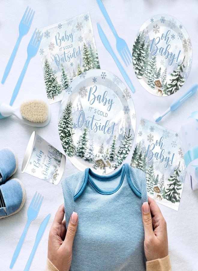 Dydamud Winter Baby Shower Decorations, 142pcs Baby It' s Cold Outside Party Supplies Included Woodland Plates Napkins Tablecloth Banner, Blue Christmas Baby Shower Decorations for Boy - Image 5