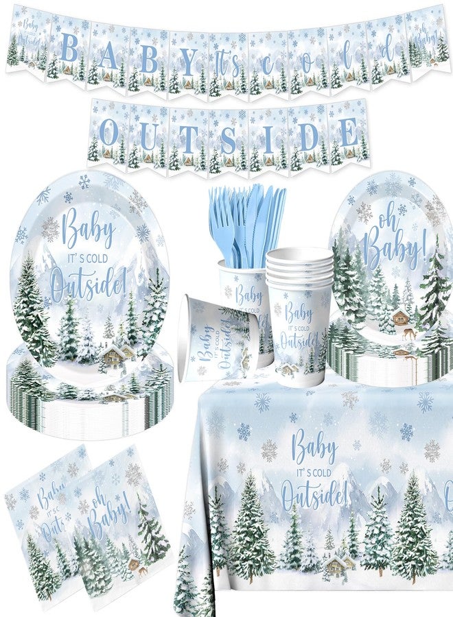 Dydamud Winter Baby Shower Decorations, 142pcs Baby It' s Cold Outside Party Supplies Included Woodland Plates Napkins Tablecloth Banner, Blue Christmas Baby Shower Decorations for Boy - Image 1