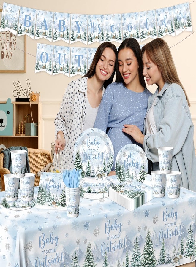 Dydamud Winter Baby Shower Decorations, 142pcs Baby It' s Cold Outside Party Supplies Included Woodland Plates Napkins Tablecloth Banner, Blue Christmas Baby Shower Decorations for Boy - Image 4