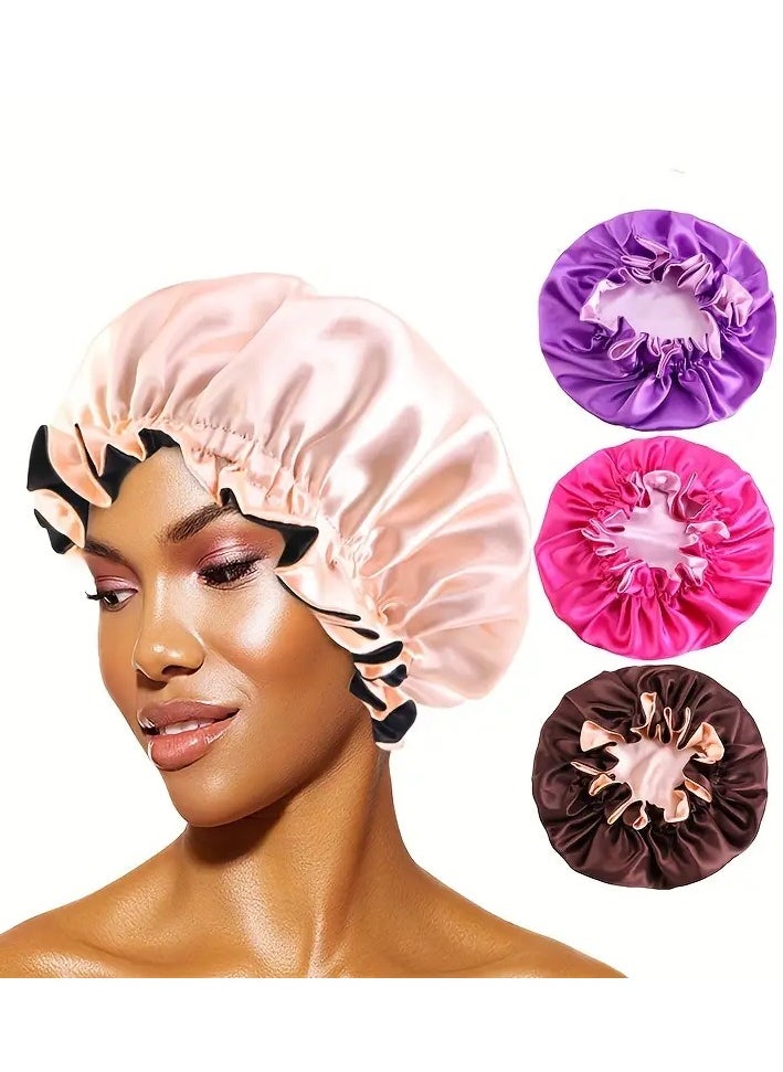Goolsky 2-Pack Satin Bonnet Sleeping Cap Shower Cap - 100% Polyester Double Layer Adjustable Hair Bonnet with Ruffled Trim for Women Beauty Hair Care - Multicolor African Style Headwrap Turban Cap  - Image 4