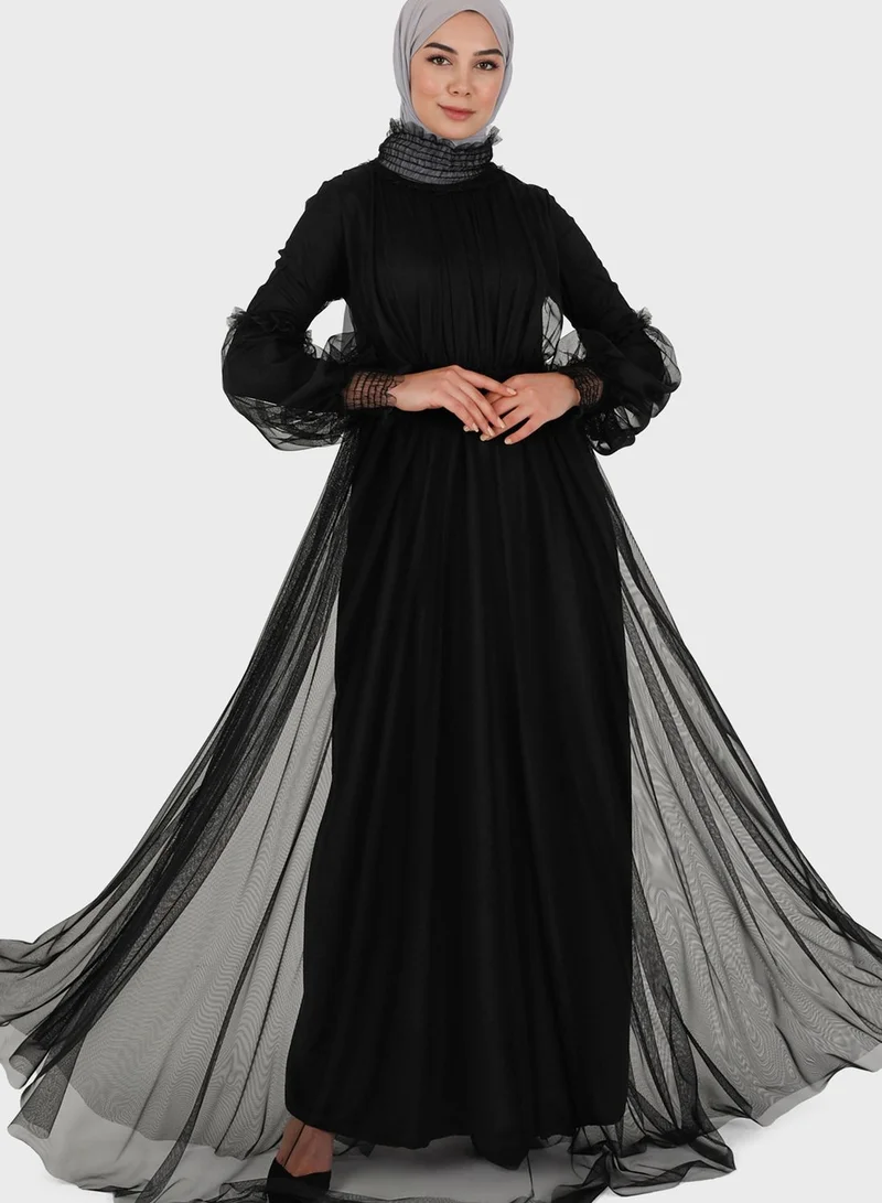 Tavin by Modanisa Balloon Sleeve Mesh Tiered Dress