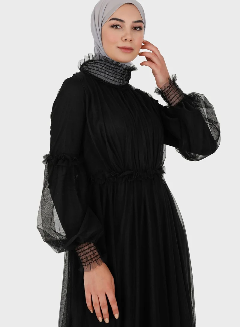 Tavin by Modanisa Balloon Sleeve Mesh Tiered Dress