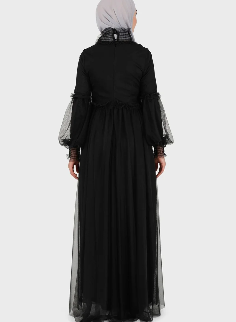 Tavin by Modanisa Balloon Sleeve Mesh Tiered Dress