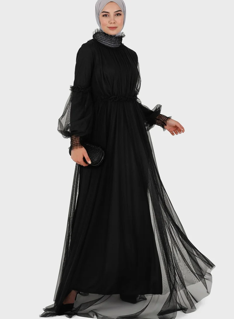 Tavin by Modanisa Balloon Sleeve Mesh Tiered Dress