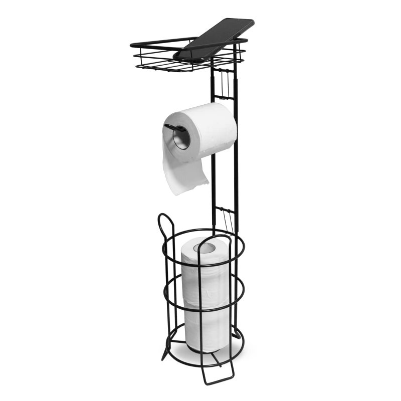 Toilet Paper Holder Stand Bathroom Toilet Paper Storage with Raised Base Tissue Paper Roll Dispenser with Top Shelf Black