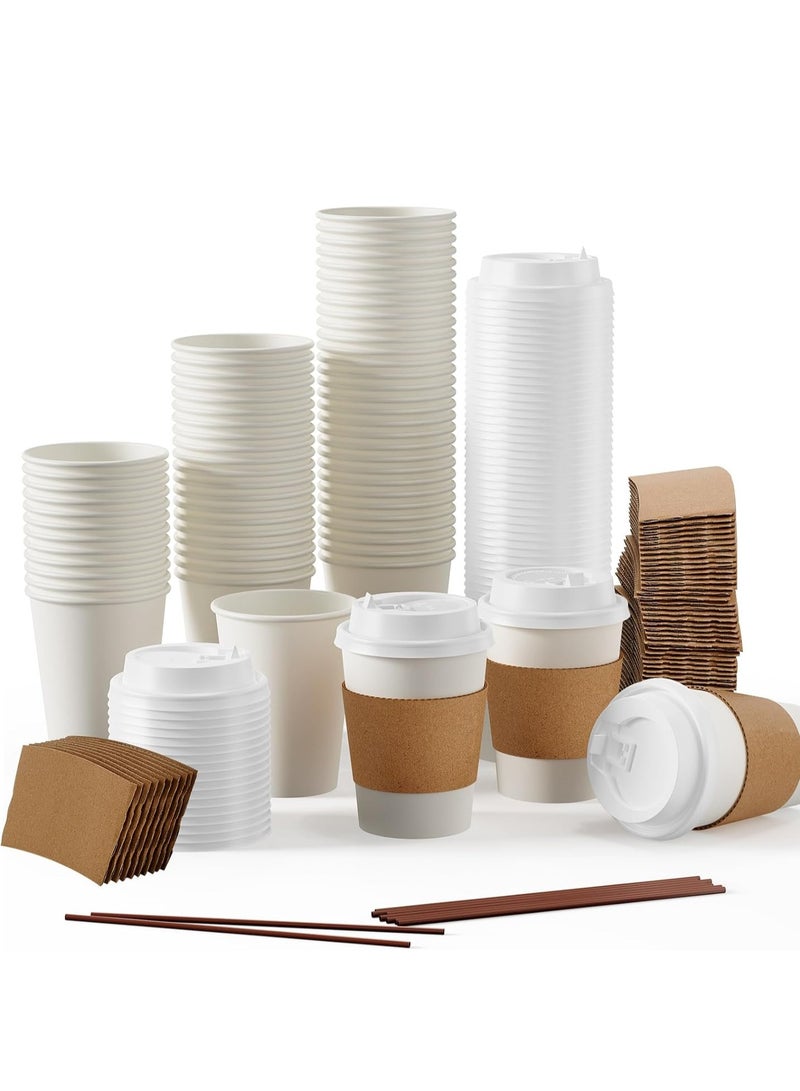 Disposable Paper Coffee Cups with Lids, Lids and Stirrers for Hot and Cold Drinks for Water, Juice, Coffee and Tea Suitable for Home, Shops, Cafes 100pcs  - Image 1