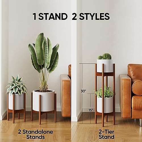MUDEELA 2 Pack Indoor Plant Stands, 2 Tier Tall Plant Stand 30 inches, Mid Century Bamboo Plant Stand, Adjustable Width 8 - 12 inches, Fits Pot Size of 8 9 10 11 12 inches, Pot & Plant Not Included, Brown - Image 4