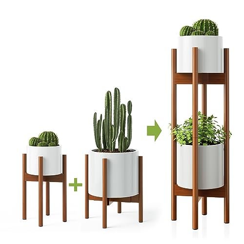 MUDEELA 2 Pack Indoor Plant Stands, 2 Tier Tall Plant Stand 30 inches, Mid Century Bamboo Plant Stand, Adjustable Width 8 - 12 inches, Fits Pot Size of 8 9 10 11 12 inches, Pot & Plant Not Included, Brown - Image 1