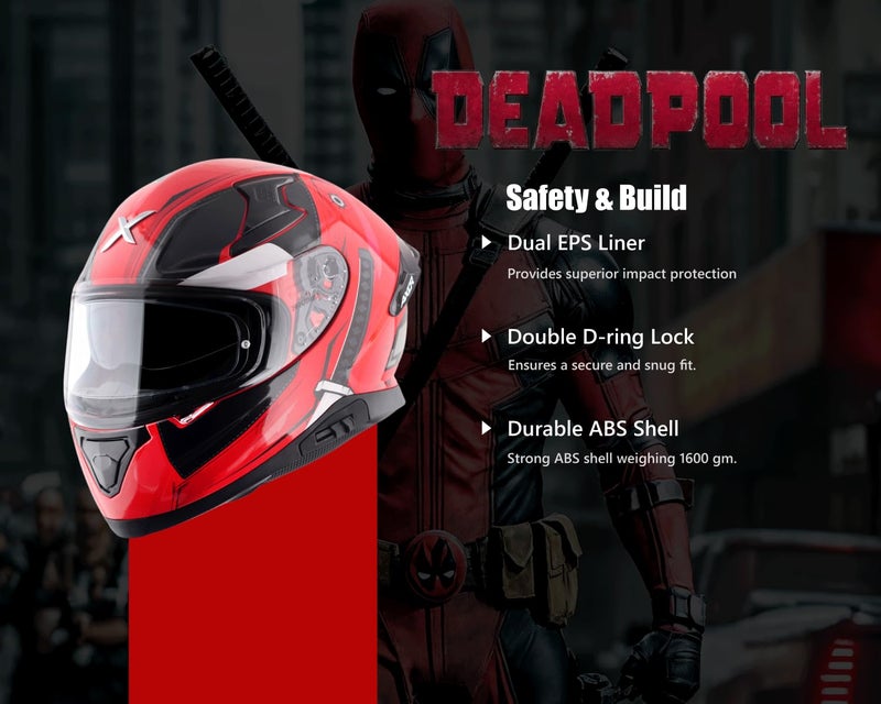 Axor Apex Marvel Deadpool ISI ECE DOT Certified Full Face Dual Visor Helmet for Men and Women Dual EPS Protection with Pinlock Fitted Outer Clear Visor and Inner Smoke Sun Visor Red Black-S - Image 5