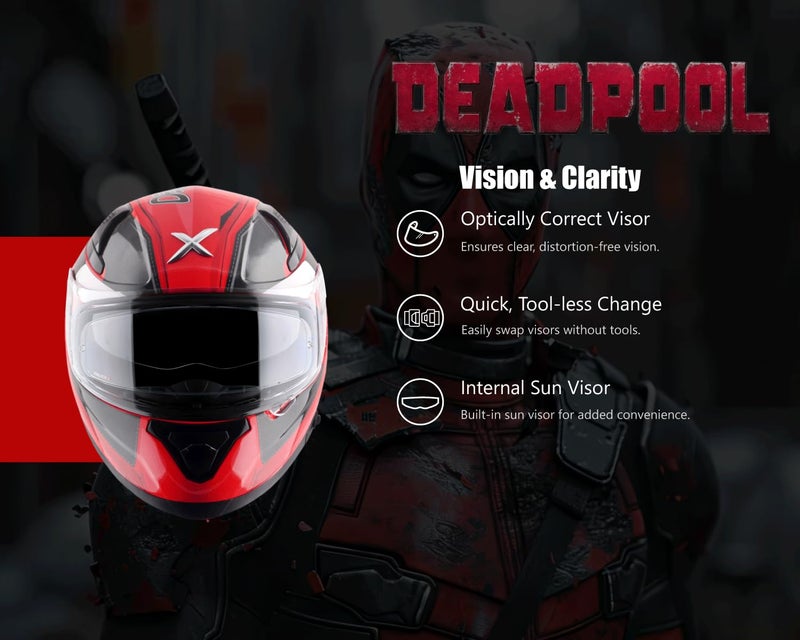 Axor Apex Marvel Deadpool ISI ECE DOT Certified Full Face Dual Visor Helmet for Men and Women Dual EPS Protection with Pinlock Fitted Outer Clear Visor and Inner Smoke Sun Visor Red Black-S - Image 4