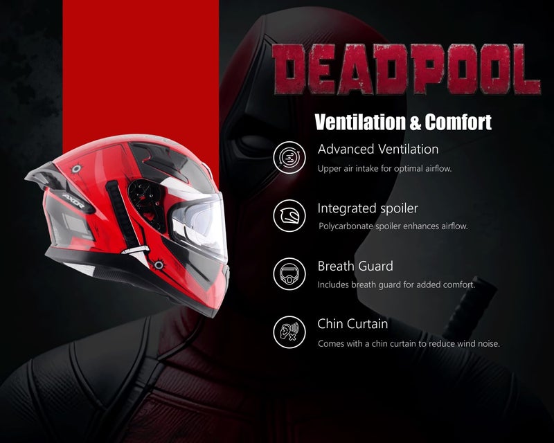 Axor Apex Marvel Deadpool ISI ECE DOT Certified Full Face Dual Visor Helmet for Men and Women Dual EPS Protection with Pinlock Fitted Outer Clear Visor and Inner Smoke Sun Visor Red Black-S - Image 3