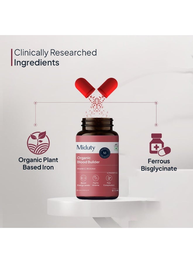 Miduty Organic Blood Builder Anemia Supplement with Green Amla, Barley Leaves, Beet Root to Support Iron Deficiency | Hemoglobin Booster & Non Constipating Iron Supplement - 60 Capsules - Image 2