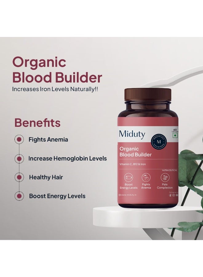 Miduty Organic Blood Builder Anemia Supplement with Green Amla, Barley Leaves, Beet Root to Support Iron Deficiency | Hemoglobin Booster & Non Constipating Iron Supplement - 60 Capsules - Image 4