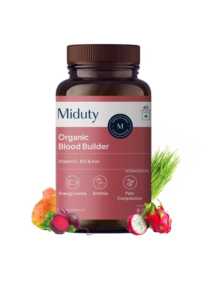 Miduty Organic Blood Builder Anemia Supplement with Green Amla, Barley Leaves, Beet Root to Support Iron Deficiency | Hemoglobin Booster & Non Constipating Iron Supplement - 60 Capsules - Image 1