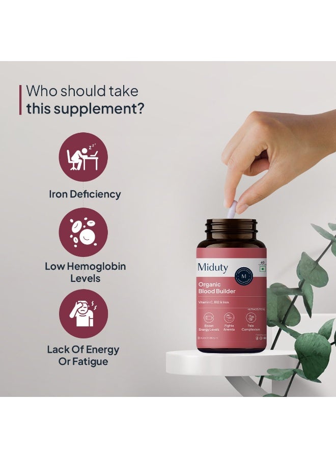 Miduty Organic Blood Builder Anemia Supplement with Green Amla, Barley Leaves, Beet Root to Support Iron Deficiency | Hemoglobin Booster & Non Constipating Iron Supplement - 60 Capsules - Image 3