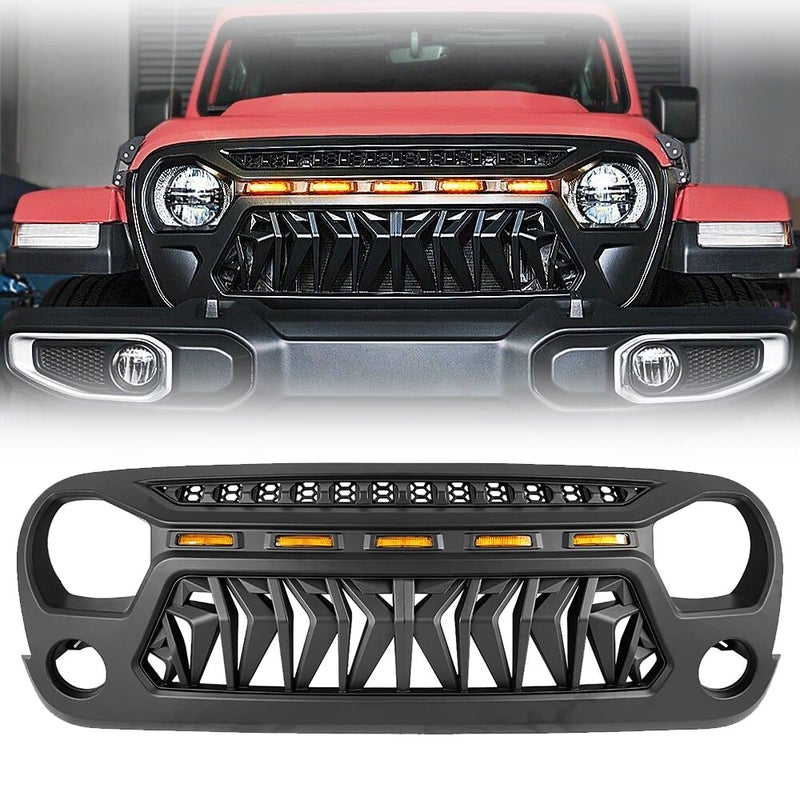 MATMACRO Shark Grille Mesh Grille For Jeep Wrangler JK JKU Unlimited Rubicon Sahara Sport Front Grill with Amber Lights 20072018