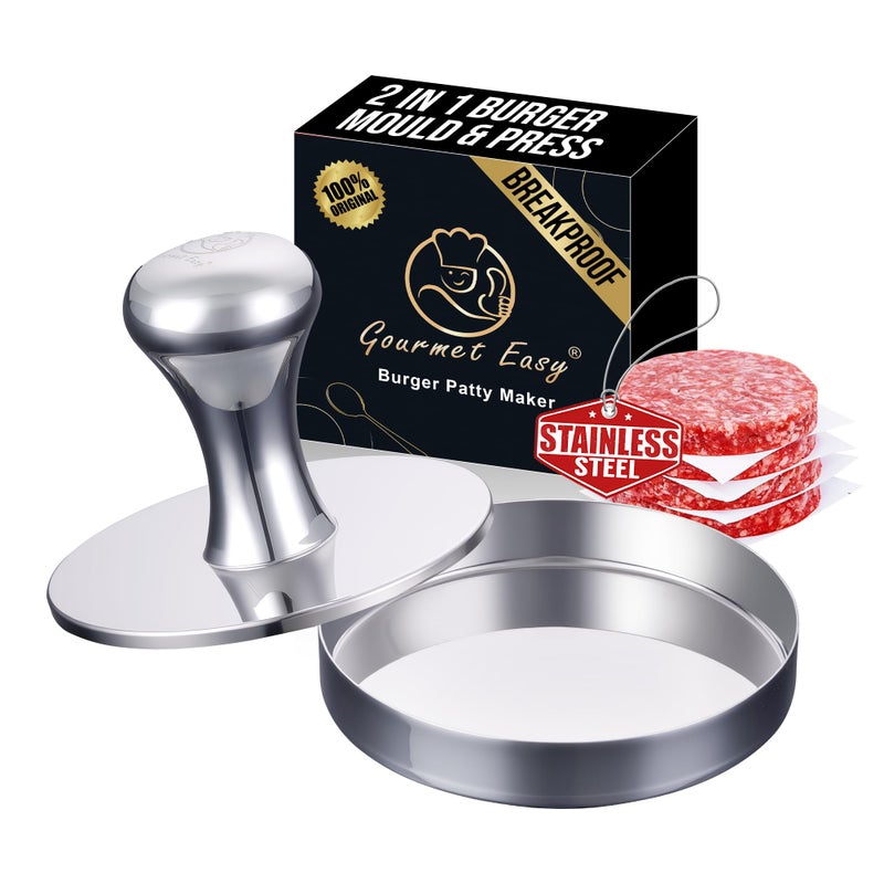Gourmet Easy 2-in-1 Smash Burger Press & Patty Maker, Heavy Duty Premium Stainless Steel Hamburger Helper, Easy-Clean Design, Hamburger Press with Patty Liner, Mirror Polished Burger Mold, Dishwasher Safe - Image 1